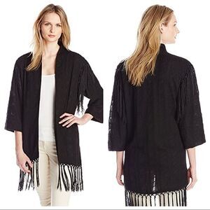 SAM Edelman Black Open Front Embroidered Tassel Western Oversized Long Kimono S